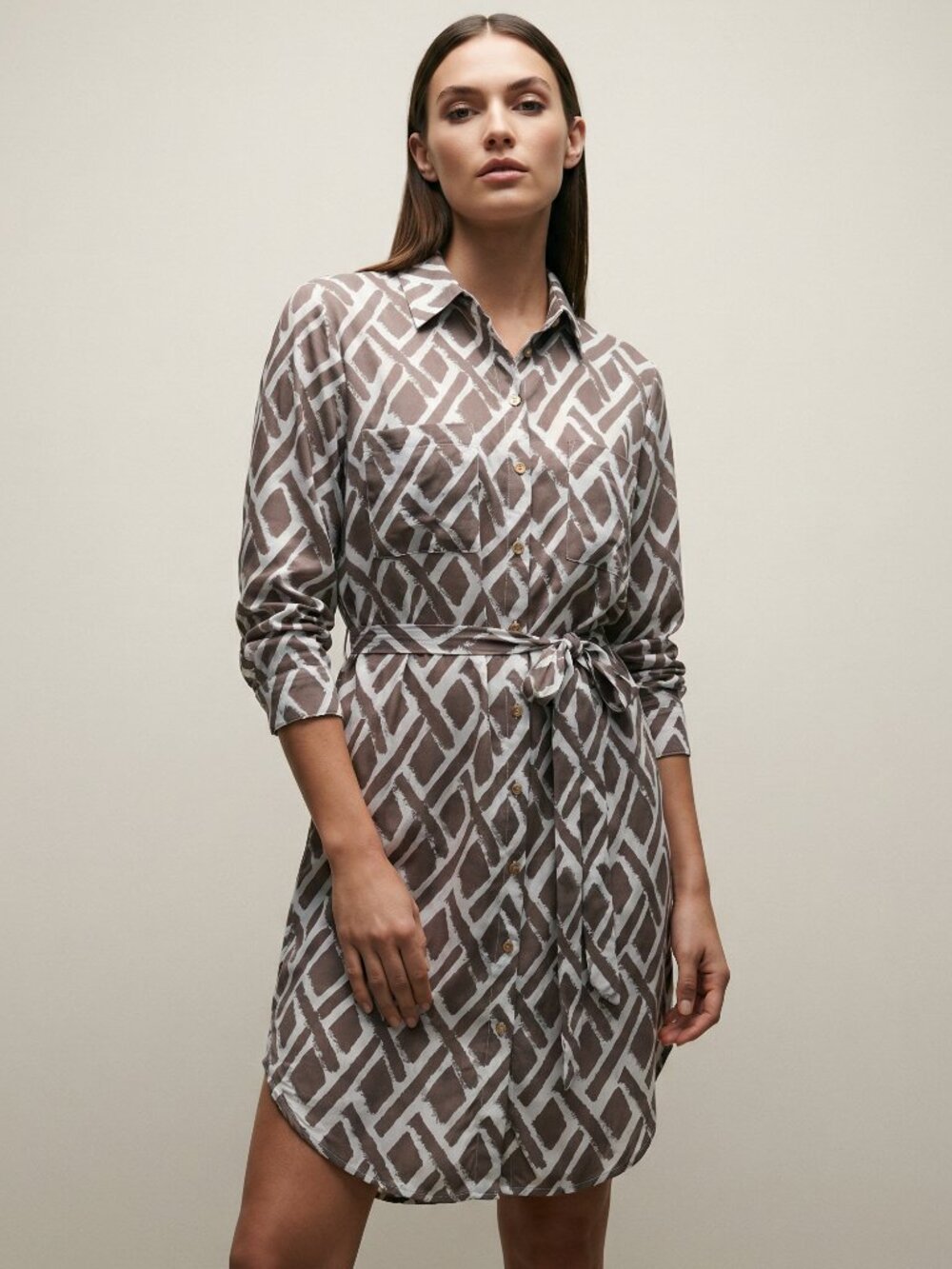 Geometric Brown and White Shirt Dress